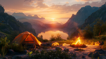 Sunset Campsite Adventure: High Resolution Image of Campsite with Tent and Campfire   Backpacking Journey Symbolized by Realistic Sunset in Photo Stock Concept
