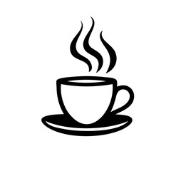 A black and white coffee cup with steam rising from it