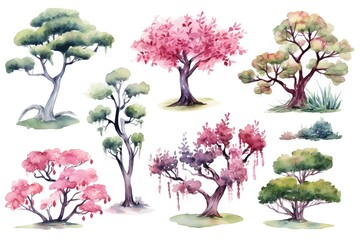 Fototapeta premium illustration watercolor spring summer tree collection set, grungy texture aquarelle on white background