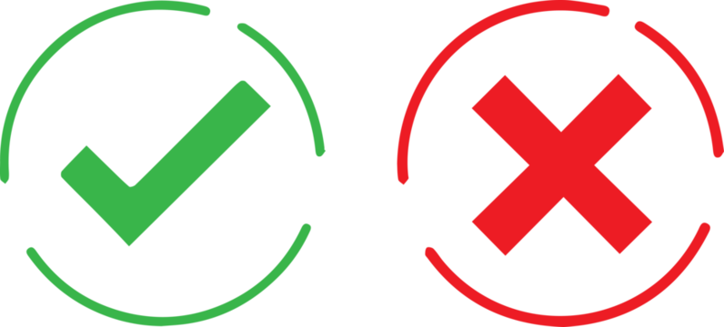 Green checkmark tick and red X icons.	