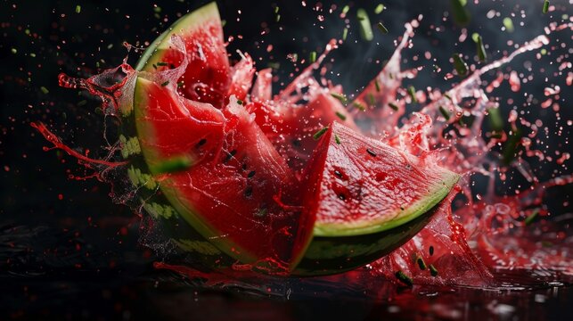 Dramatic image of a watermelon exploding with vibrant red juice and flying pieces. Captures the essence of summer freshness in dynamic motion.
