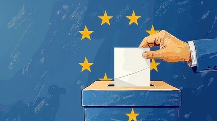 A ballot is being placed into a box by a hand against a blue background with room for text during the European Union election
