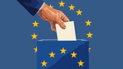 A ballot is being placed into a box by a hand against a blue background with room for text during the European Union election
