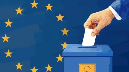 A ballot is being placed into a box by a hand against a blue background with room for text during the European Union election
