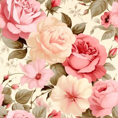 Vintage Rose Floral Pattern: A seamless pattern with classic vintage roses in soft pastel hues, accented with delicate leaves and buds.