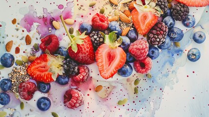 A vibrant assortment of fresh berries and nuts on a watercolor background, perfect for healthy eating concepts.