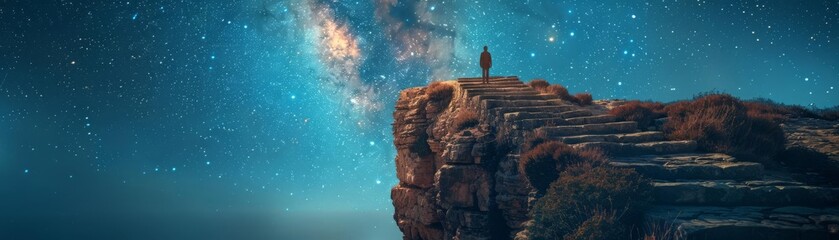 Surreal scene of a lone figure atop ancient stairs on a cliff, under a starlit sky, symbolizing quest and discovery