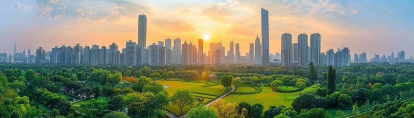 Sunrise over a green city, modern skyscrapers surrounded by vibrant parks, showcasing urban ecology