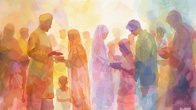 Watercolor Painting of Diwali Festivities with Families Sharing Sweets and Gifts.