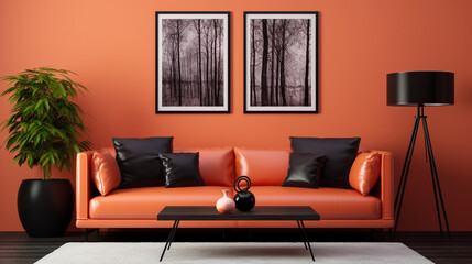 A vibrant coral accent wall behind a modern black leather sofa set, featuring a glass-topped coffee table and a blank empty white frame mockup.