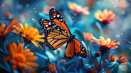 Magnificent Monarch orange butterfly and bright summer flowers on a background of blue foliage