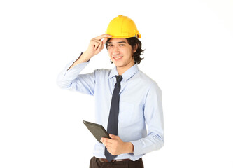 Portrait of young engineer wear helmet smiling and happy with tablet over white background