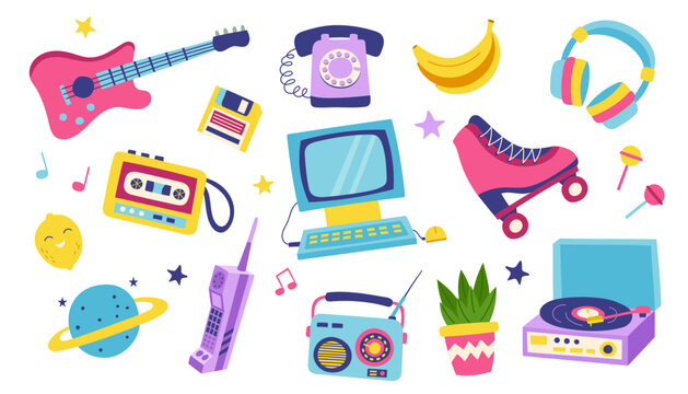 90s retro elements set. Concept of 90s. Stickers. Y2K, 2000s, 80s retro elements set.