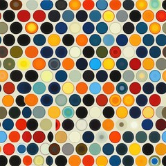 An abstract, multicolored pattern with overlapping polka dots