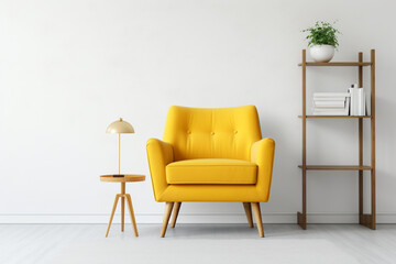 A vibrant goldenrod accent chair against a pale grey rug, surrounded by sleek white shelves adorned with contemporary artifacts, a blank white frame mockup hanging on the wall.