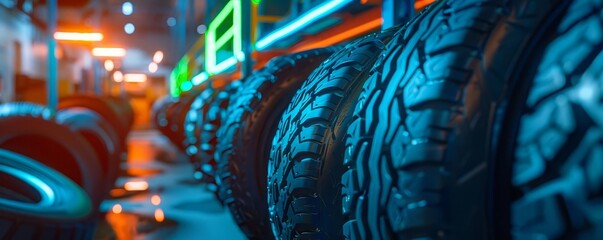 Advanced tire recycling machine, clean industrial design, blue and green neon accents, digital painting