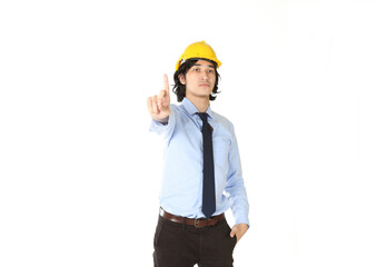 A young engineer holds an index finger show successful over white background