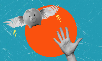 Contemporary art collage showing pig piggy bank flying into the sky, hand trying to grab piggy bank.