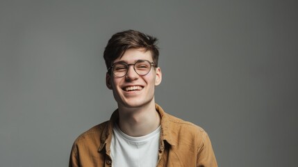 Obraz premium Portrait of young handsome smiling business guy wearing gray shirt and glasses, feeling confident with crossed arms, isolated on white background