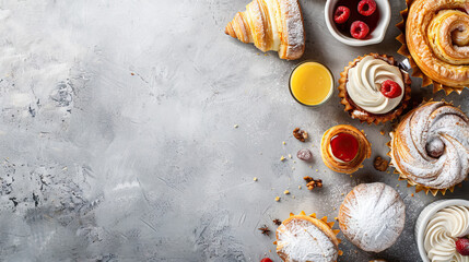 top view flat lay iconic French dishes such as pastries with copy space.