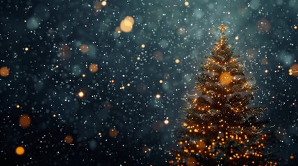 Christmas tree in dazzling and glittering light in the frozen winter landscape