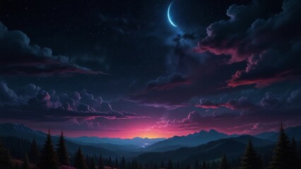 mountains with a very beautiful and peaceful moon