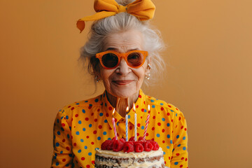 Happy stylish grandmother holding her Bday cake isolated on yellow background. 