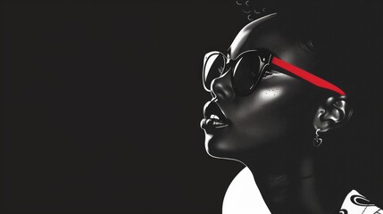Black woman wearing glasses, with nose on her forehead, in the style of stylized glamour, glamorous pin up