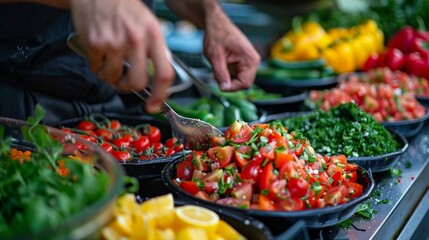 Obraz premium Healthy Eating: Depict a colorful summer salad being prepared with fresh vegetables and fruits, emphasizing nutrition and healthy living. 