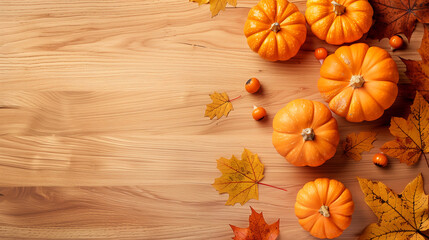 Autumn decoration with pumpkins, berries, and leaves on a wooden table. Thanksgiving day and Halloween theme. Bird's-eye view, flat lay