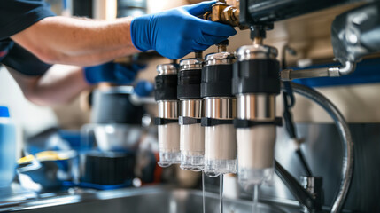 A close-up of a technician installing an advanced water filtration system under a sink. Dynamic and dramatic composition, with cope space