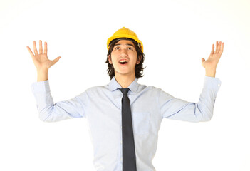Oh my god, Portrait of engineer stance shocked from some project fail over white background