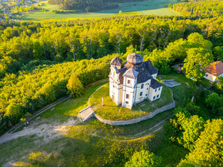 An aerial view of the Church of Saint John the Baptist and Our Lady of Mount Carmel at Makova hora,...