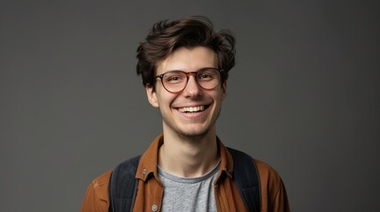 Fototapeta premium Portrait of young handsome smiling business guy wearing gray shirt and glasses, feeling confident with crossed arms, isolated on white background