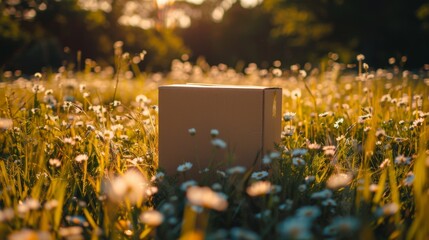 Cardboard box in a summer meadow for nature and delivery themed designs