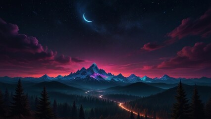 mountains with a very beautiful and peaceful moon