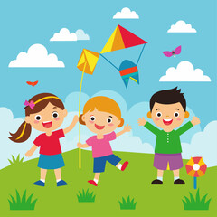 A cheerful illustration of three children flying kites on a sunny day with a bright blue sky and fluffy clouds, enjoying their time outdoors.