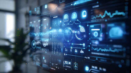 Obraz premium A smart home control panel showing water and air purification settings, highlighting an integrated purification system. Dynamic and dramatic composition, with cope space