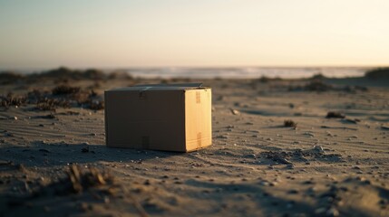 Cardboard box on a beach with sunset