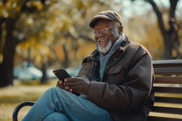 Older man with glasses and beard typing on smartphone in park