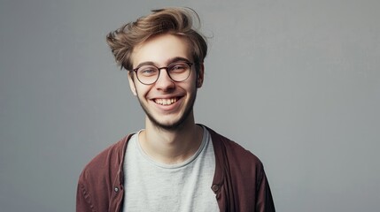 Fototapeta premium Portrait of young handsome smiling business guy wearing gray shirt and glasses, feeling confident with crossed arms, isolated on white background