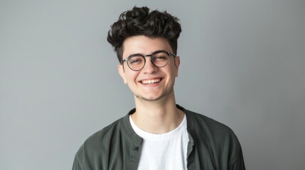 Obraz premium Portrait of young handsome smiling business guy wearing gray shirt and glasses, feeling confident with crossed arms, isolated on white background