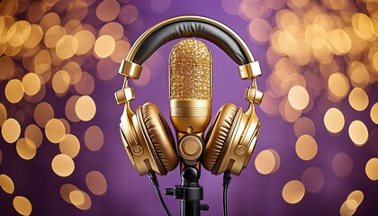 Golden audio equipment set against a rich purple background, symbolizing elegance and professional quality for a sophisticated studio setting.