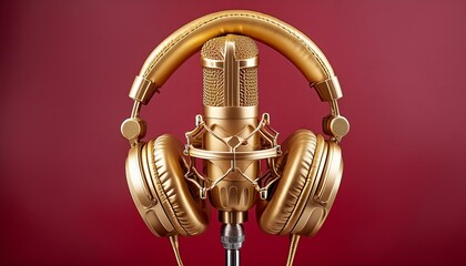 Elegant golden microphone with matching headphones against a vibrant red backdrop, exuding luxury and professional sophistication.