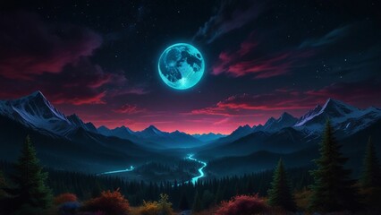 mountains with a very beautiful and peaceful moon