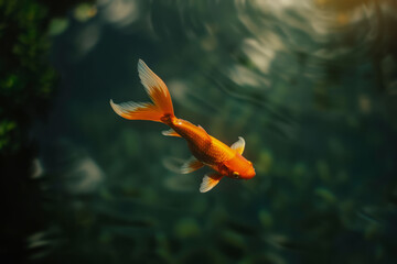 Obraz premium Goldfish swims in the water, view from above