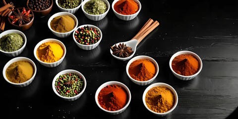 wallpaper representing a series of spices to spice up cooked dishes. curry, cumin, saffron, paprika, etc...