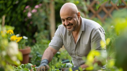 Middle-Aged Middle Eastern Man Gardening with Joyful Expression in Lush Green Garden, Perfect for Nature and Lifestyle Themes