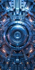 Fototapeta premium futuristic, technology, abstract, background, circular, glowing, lights, mechanism, machine, robot, cyberpunk, science, fiction, digital, art, 3d, circuit, board, electronics, steel, chrome