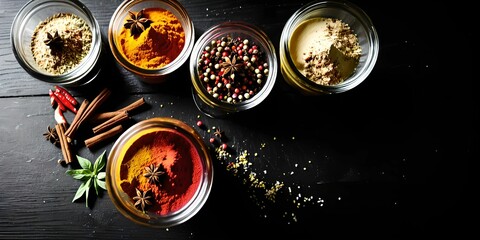 wallpaper representing a series of spices to spice up cooked dishes. curry, cumin, saffron, paprika, etc...